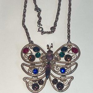 Vintage 1960"s Gold Tone Large Butterfly Cabochon Pendant Necklace